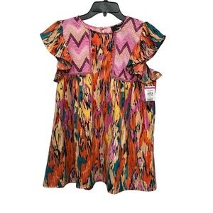 Rain Ikat Print Blouse Size Large Ruffle Sleeve Flowy Colorful Boho NWT